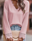 Lola Ribbed Texture Lace Trim V Neck Long Sleeve Top