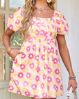 Floral Pleated Puff Sleeve Dress
