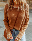 Solid Waffle Knit Round Neck Long Sleeve Top