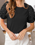 Pearl Beaded Ribbed Puff Sleeve Top