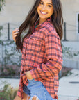 Plaid Button-Up Distressed Hem Long Sleeve Shirt
