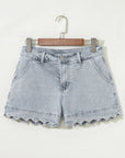 Scalloped Acid Wash High Waist Denim Shorts