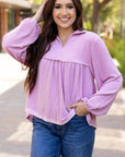 Corded V-Neck Bubble Sleeve Babydoll Blouse