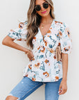 Salome Floral Puff Sleeve V Neck Babydoll Blouse
