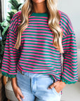 Stripe Lace Trim 3/4 Sleeve Top