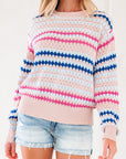 Stripe Eyelet Knit Drop Shoulder Sweater