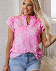 Cynthia Ric Rac Trim Flutter Sleeve Notch V Neck Blouse