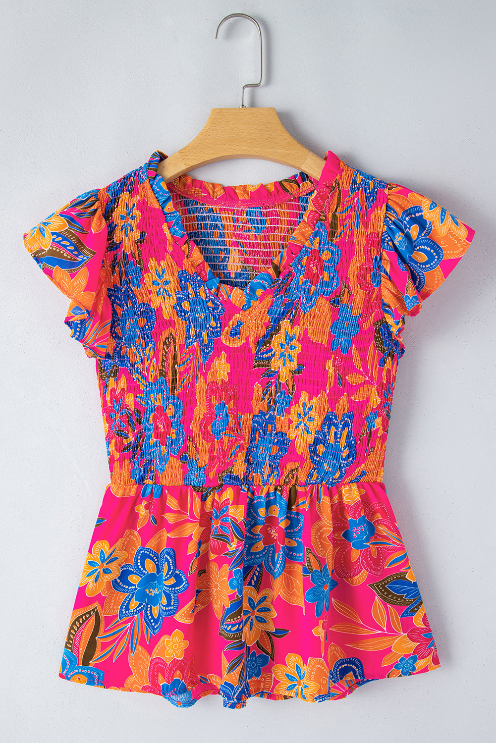 Zaniyah Floral Smocked Ruffle Trim Flutter Sleeve Blouse