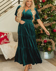 Velvet Shirred Waist Tiered Maxi Dress