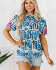 Lara Puff Sleeve Frilled Neck Printed Top