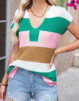 Colorblock Notched V-Neck Sweater T-Shirt
