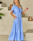 Kelsey Textured Flutter Sleeve Ruffled Maxi Dress