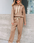 Solid Corduroy Lace Hoodie and Pants Set