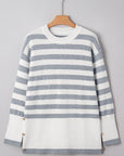 Stripe Ribbed Side-Button Drop Shoulder Sweater