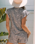 Leopard Half Zipper Collared Ruffled Sleeve Top and Short Set