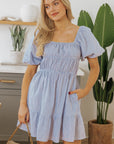 Monica Stripe Bubble Sleeve Ruched Pocketed Babydoll Dress