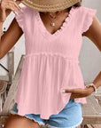 Textured Ruffle Trim V-Neck Top