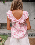 Floral Bow Back Ruffle Sleeve Blouse