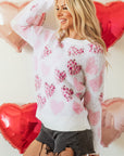 Valentine Leopard Heart Pearl Beaded Fuzzy Sweater