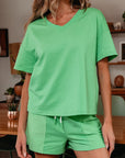Solid V-Neck Tee and Drawstring Shorts Set
