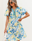 Payton Floral Striped Trim Puff Short Sleeve Dress