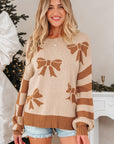 Bow Checker Stripe Patchwork Sleeve Drop Shoulder Sweater
