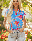 Vada Floral Pompom Trim Flutter Sleeve Blouse