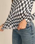 Checkered Pattern Mesh Long Sleeve Top