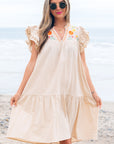 Meredith Embroidery Split Neck Short Dress