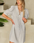 Carly Lace-up V Neck Bubble Sleeve Short Shift Dress