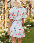 Siya Blue Stripe Floral Ruffle Short Sleeve Belted Mini Dress