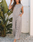 Paisley Checkered Buttoned Crew Neck Wide Leg Jumpsuit