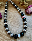 NFR Collection Necklace – 8mm & 16mm Sterling Silver Pearls with Faceted Black Onyx & Pink Conch – Handmade by The Bijoux FAB – 21"