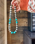 18 Inch 14 mm Sterling Silver Pearls necklace with turquoise