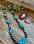 NFR Collection Necklace – 35 inch long 8mm & 14mm Sterling Silver Pearls with 20mm Turquoise Rondelle
