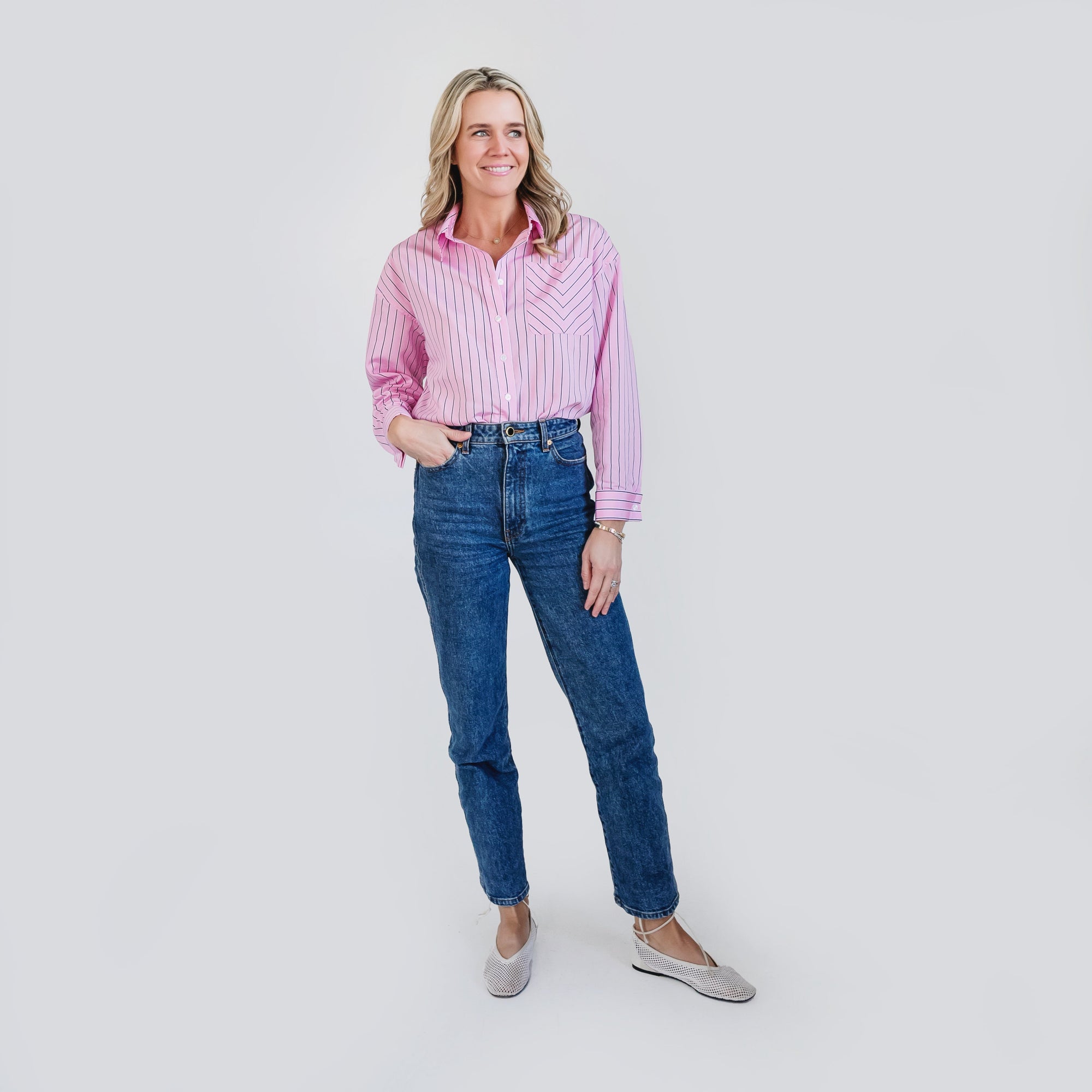 MASON'S DAUGHTER | the Cropped Cuff Boyfriend Shirt, Pink Striped Poplin