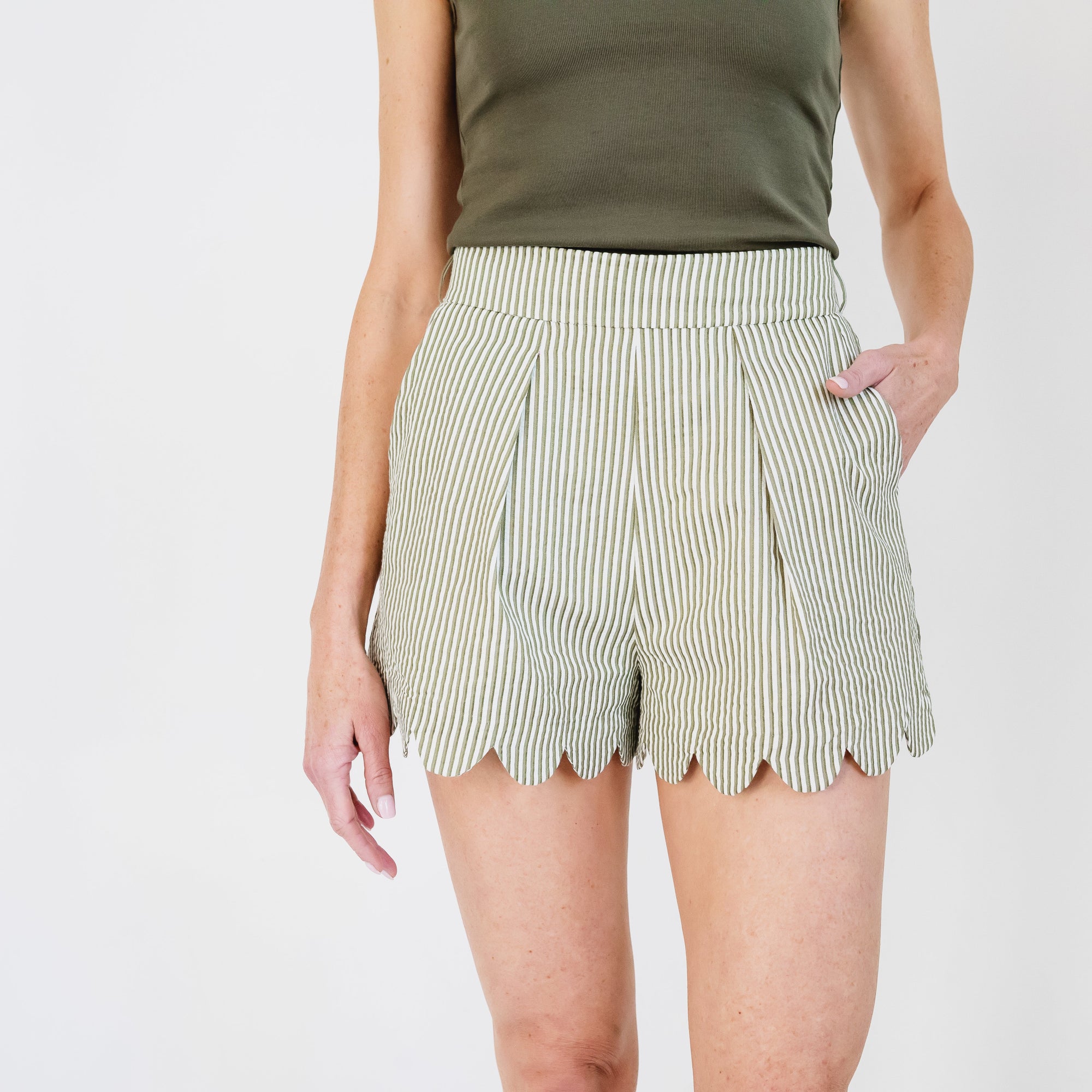 MASON'S DAUGHTER | Scallop Seersucker Shorts, Olive & Ivory