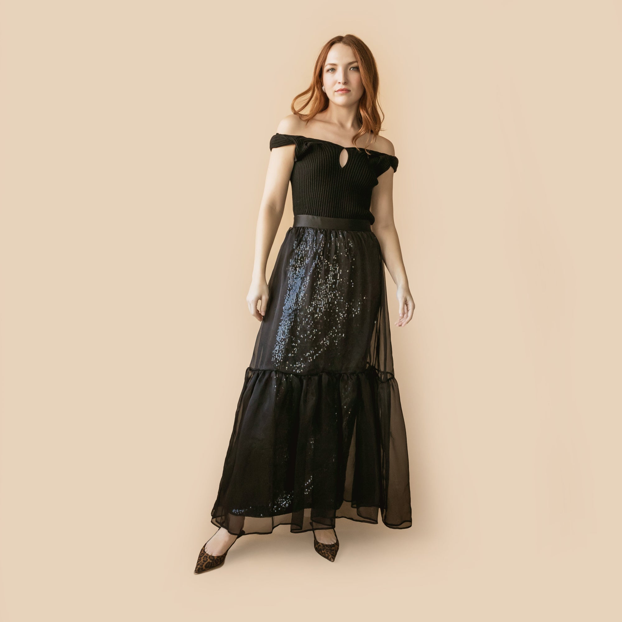 MASON by MASON' DAUGHTER Anabel Skirt, Black Sequin with Black Organza Overlay