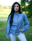 Allyson Ruffled Long Sleeve Buttoned Denim Shirt