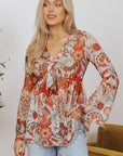 Celeste Floral V Neck Knot Bell Sleeve Blouse