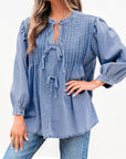 Solid Denim Pleated Bow Tie Puff Sleeve Top