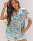 Amaris Notched Neck Puff Short Sleeve Floral Blouse