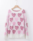 Valentine Leopard Heart Pearl Beaded Fuzzy Sweater