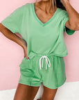 Patchwork V-Neck Tee and Shorts Set