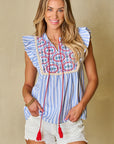 Ariya Stripe Geo Pattern Embroidered Tassel Flutter Blouse