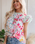 Anne Floral Ruffle Trim Short Sleeve Blouse