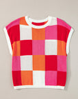 Colorblock Checker Cap Sleeve Sweater