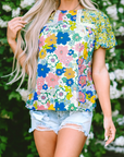Samira Bubble Sleeve Lace Trim Floral Blouse