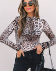 Leopard Smocked Neck Mesh Long Sleeve Bodysuit