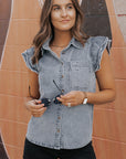 Bridget Frayed Ruffle Sleeve Denim Shirt